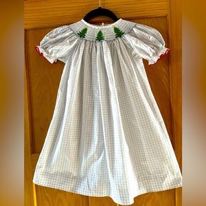 Adorable Christmas dress 3T embroidered trees white w/window pane pattern